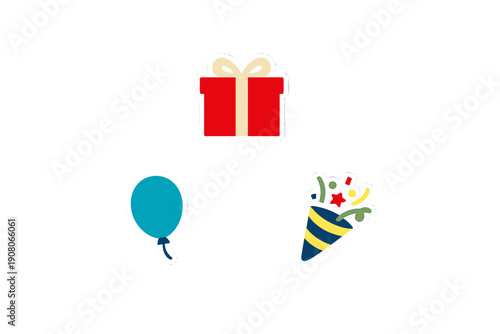 A collection of three festive stickers featuring a red present, a blue balloon, and a party popper with colorful confetti, all set against a plain black background for a celebration.