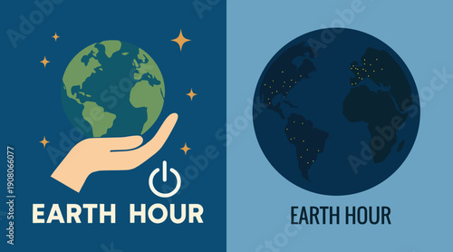 Global Earth Hour Flat Vector Set- Minimalist World Lights Out Illustration