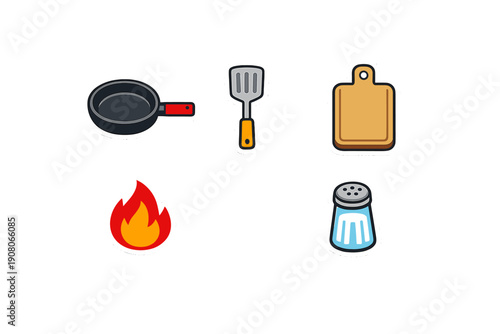 A collection of five cooking-related stickers including a frying pan, a spatula, a wooden cutting board, a fire flame, and a salt shaker, all set against a solid black background.