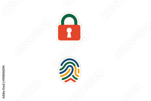 Two colorful security icons on a black background. The top icon is a red padlock with a green shackle, and the bottom icon is a multi-colored fingerprint with a white border.