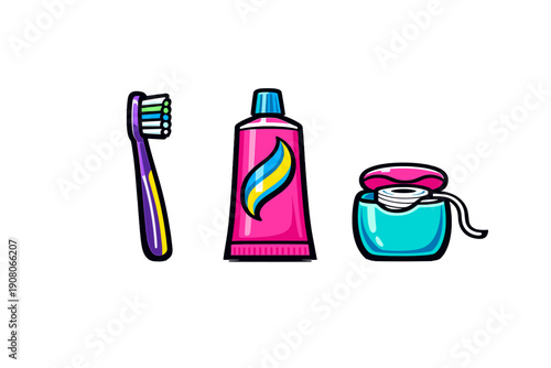 A colorful illustration featuring a purple toothbrush, a pink tube of toothpaste with a blue and yellow swirl, and a blue container of dental floss against a solid black background.