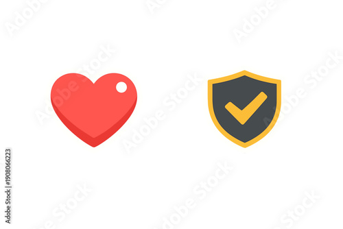 A red heart icon and a shield icon with a yellow checkmark are displayed as stickers. Both graphic elements feature white borders and are set against a black background.