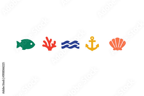 A row of five colorful nautical icons including a green fish, red coral, blue waves, a yellow anchor, and an orange seashell, all set against a solid black background.