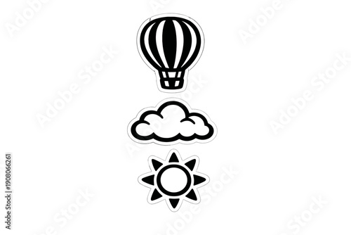 Three white outlined icons depicting a hot air balloon, a cloud, and a sun are vertically aligned on a black background. The set features a clean, minimalist flat design style.