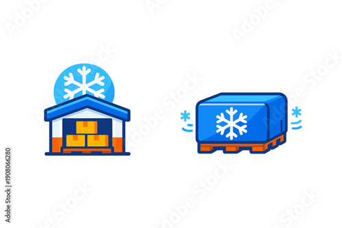 Two flat vector icons representing cold storage and refrigerated transport. One shows a warehouse with a snowflake and boxes, while the other depicts a frozen package on a pallet.