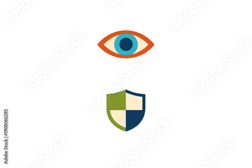 A graphic illustration featuring a stylized eye icon and a checkered shield icon on a solid black background. Both elements have a white outline and a modern flat design.