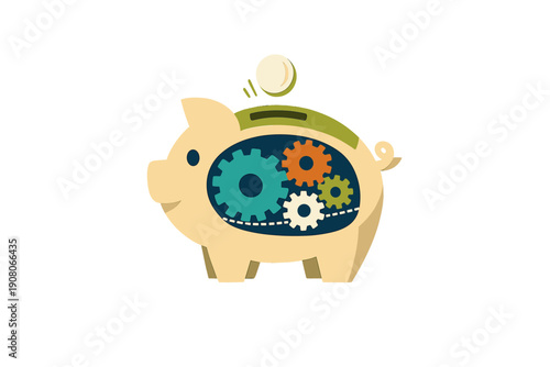 A stylized illustration of a piggy bank with a coin being deposited. The interior reveals a set of colorful gears, symbolizing the inner workings of a financial savings system.