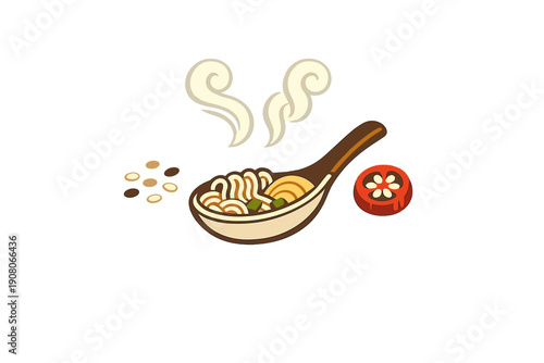 A flat illustration of a wooden spoon filled with steaming hot ramen noodles and broth. A slice of tomato and small beans are shown next to the spoon on a black background.