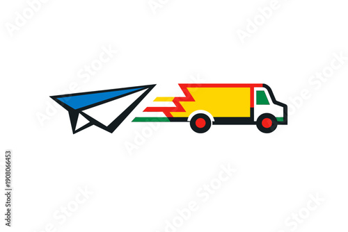 A colorful vector illustration of a delivery truck and a paper plane moving quickly against a black background, symbolizing fast shipping and logistics services.