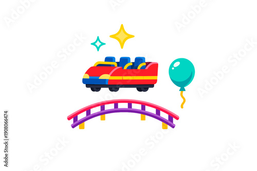 A colorful cartoon illustration of a red roller coaster car riding on a purple and pink track, accompanied by a teal balloon and bright yellow stars against a dark background.