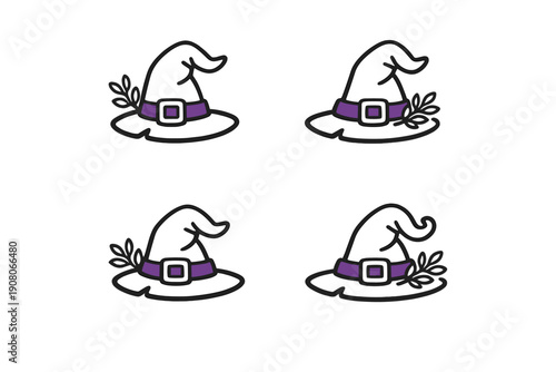 A set of four white witch hat icons with purple bands and silver buckles, each featuring a small leafy sprig, arranged in a grid pattern on a solid black background.