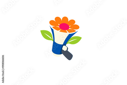 A creative vector illustration of a blue and white megaphone with a vibrant orange flower and green leaves growing out of it, symbolizing eco-friendly communication and growth.