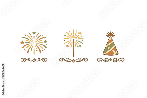 Three vintage-style celebration icons featuring a firework burst, a lit sparkler, and a striped party hat with stars, each set above a decorative flourish on a black background.