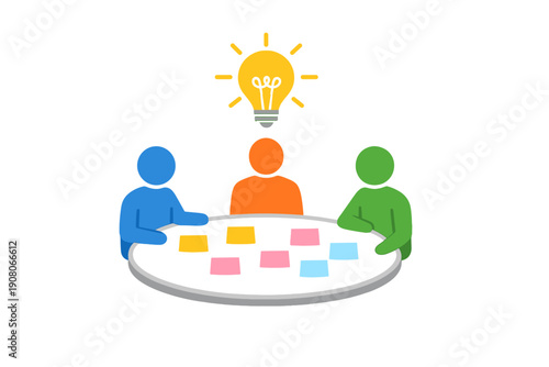 Three colorful stylized figures sit around a table with sticky notes, collaborating on a project. A glowing light bulb above one person signifies a new idea or creative breakthrough.