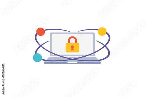 A flat illustration of a laptop computer featuring a large yellow padlock on its screen, surrounded by colorful nodes and orbital lines representing network security and data protection.