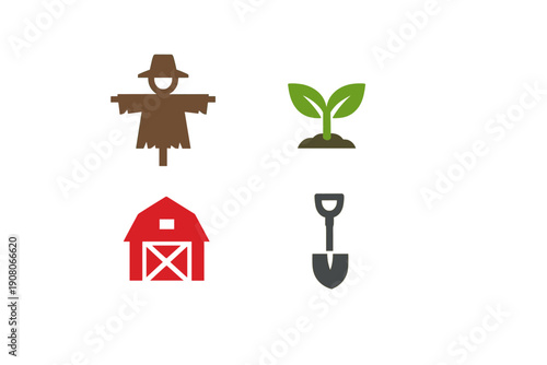 A collection of four flat agricultural icons including a brown scarecrow, a green plant sprout, a red farm barn, and a gray shovel, all isolated on a solid black background.