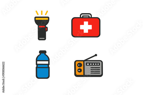 A collection of four emergency supply icons including a flashlight, a first aid kit, a water bottle, and a portable radio, set against a solid black background in a flat style.