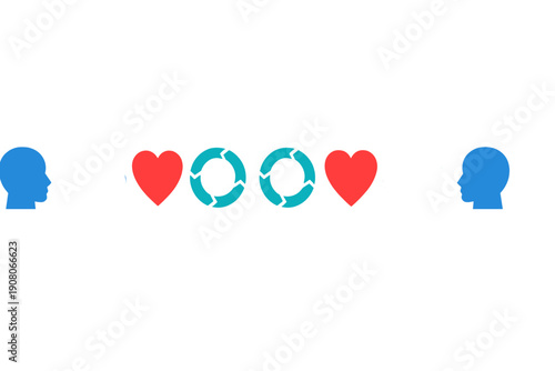 A horizontal row of mirrored icons on a black background featuring blue human head profiles, white clouds, red hearts, and teal circular arrow cycles in a symmetrical layout.
