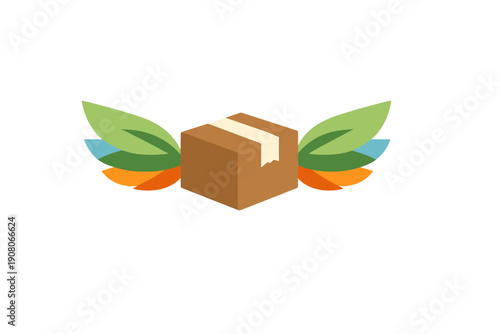A brown cardboard box with colorful leaf-shaped wings in green, blue, and orange colors is centered on a solid black background. This graphic represents eco-friendly shipping and delivery.