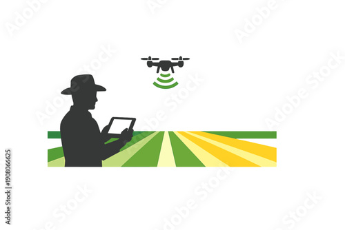 Silhouette of a person in a hat using a digital tablet to operate a drone above a striped agricultural field. Vector illustration depicting smart farming and precision agriculture.
