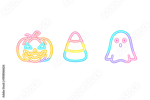 Vibrant neon Halloween icons featuring a glowing jack-o-lantern, candy corn, and a ghost in rainbow gradient colors are set against a solid dark black background.