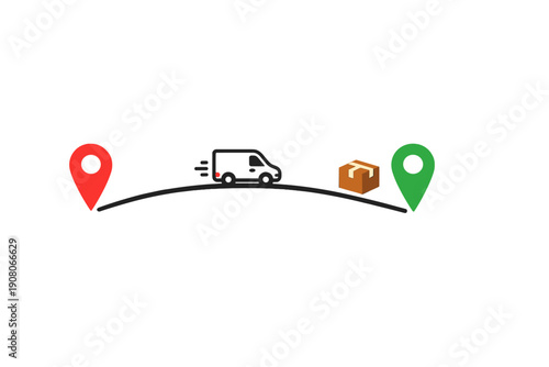 This illustration depicts a delivery van and a package traveling along a curved route between two location pins, representing logistics and shipping services on a black background.
