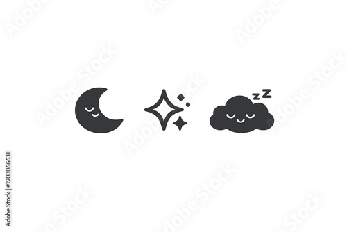 Three dark gray icons representing night and sleep are displayed on a black background, featuring a crescent moon, stars, and a smiling cloud with closed eyes and zzz symbols.
