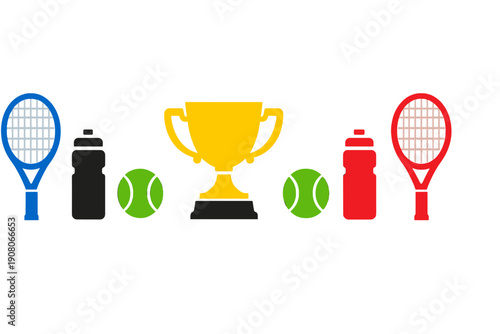 A horizontal composition displays colorful tennis icons such as blue and red rackets, green balls, water bottles, and a central gold trophy on a black backdrop.
