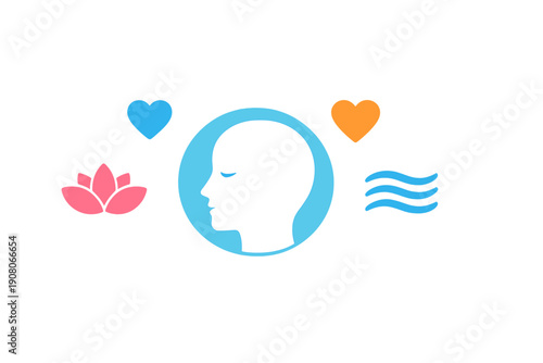 A minimalist vector illustration featuring a white profile of a human head inside a blue circle, surrounded by a lotus flower, hearts, and wavy lines on a black background.