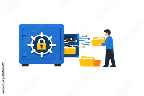 This vector illustration depicts a person organizing digital files into a secure blue vault with a lock symbol and circuit patterns, symbolizing data security and privacy.