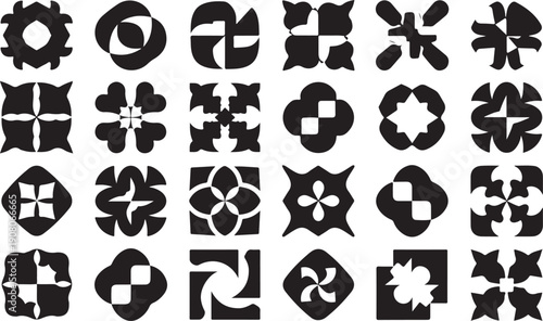 Collection of black and white geometric flower shapes icons
