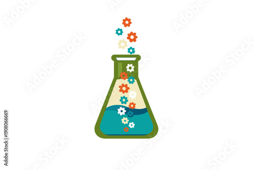 A flat vector illustration of a green Erlenmeyer flask filled with blue liquid and colorful gear icons floating inside and above it against a solid black background.