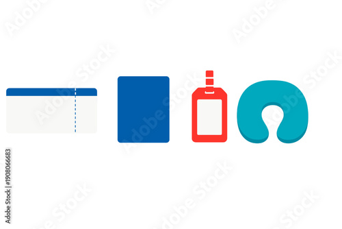A collection of four travel-related icons including a boarding pass, a blue passport, a red luggage tag, and a teal neck pillow, all presented in a flat design style on a black background.