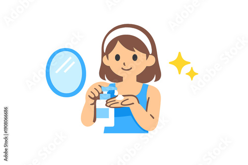 An illustration of a young girl with brown hair using a pump bottle to dispense liquid into her palm. A blue mirror and yellow stars appear next to her on a black background.