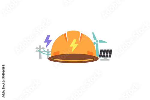A flat vector illustration featuring an orange hard hat with a lightning bolt symbol, surrounded by a wind turbine, solar panel, utility poles, and electrical icons on a black background.