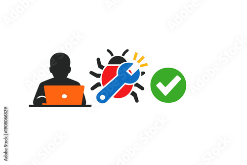 A flat vector illustration depicting a software developer working on a laptop, fixing a bug with a blue wrench, and a green checkmark indicating a successful resolution of the issue.