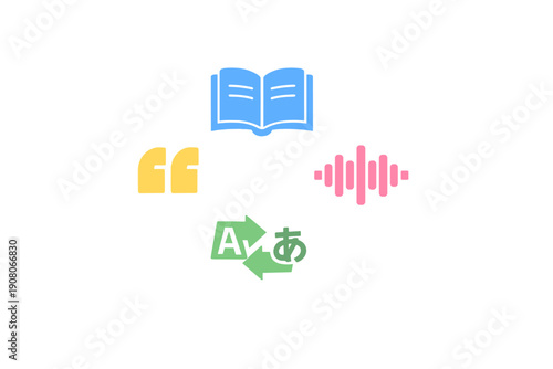 Four minimalist icons arranged in a circle on a black background, featuring a blue book, yellow quotation marks, a pink sound wave, and a green translation symbol with arrows.
