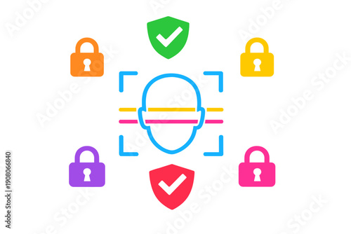 This digital illustration shows a blue human head outline being scanned for biometric security, surrounded by colorful padlocks and shields with checkmarks on a black background.