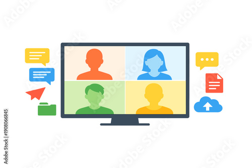 A flat design illustration showing a digital video call on a monitor with four participants. Surrounding icons represent messaging, file sharing, and cloud connectivity tools.