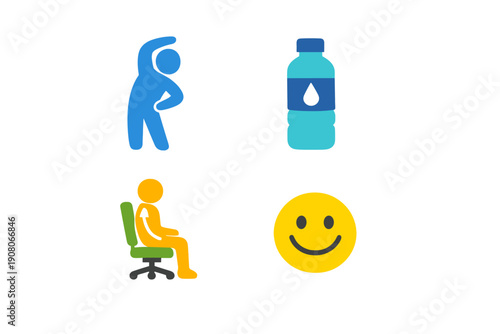 Four colorful icons representing healthy habits: stretching, drinking water, sitting with good posture, and a smiling face, all set against a black background.