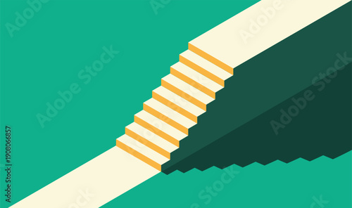 Isometric vector illustration of a staircase leading upwards. Minimalist conceptual design for career growth, business success, achievement, and finding the way to progress on a green background.