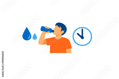 A flat illustration of a man in an orange shirt drinking water from a blue bottle, flanked by water drops and a clock icon on a black background, representing a healthy hydration routine.