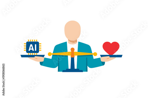 This flat illustration depicts a person balancing an artificial intelligence chip against a red heart on a scale, symbolizing the harmony between technology and human emotions.