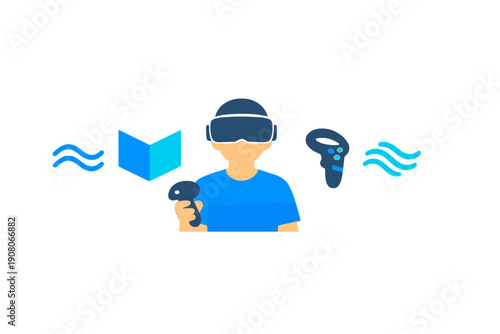 A flat illustration of a person wearing a virtual reality headset and holding two controllers. The character is surrounded by blue geometric shapes and wavy lines on a black background.