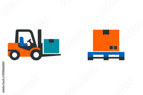 A flat vector illustration of an orange forklift carrying a teal box next to an orange box sitting on a blue pallet. The image represents logistics, shipping, and warehouse operations.