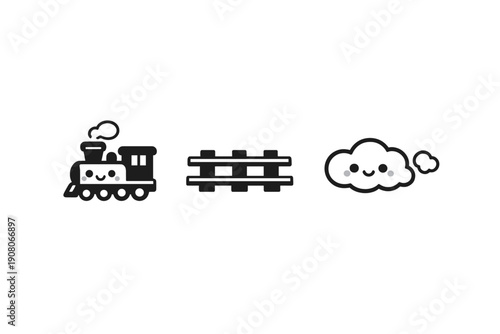 A minimalist black and white illustration featuring a cute smiling steam train engine, a section of railroad tracks, and a happy cloud with a face on a plain black background.