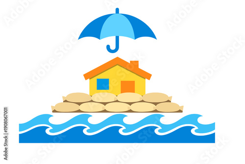 An illustration of a yellow house protected by sandbags and a blue umbrella against rising flood waters. This graphic represents home insurance and disaster preparedness concepts.