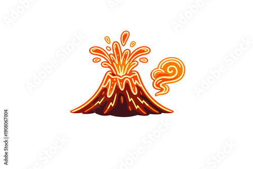 A stylized illustration of an erupting volcano with glowing orange lava and a plume of smoke against a black background. The artwork features vibrant neon-like outlines.