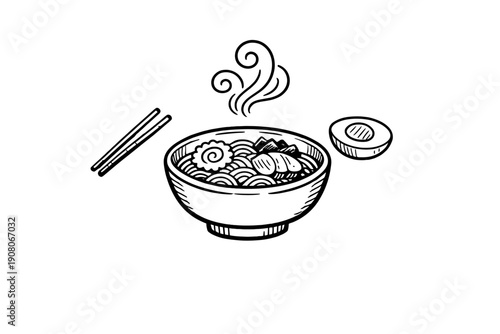 This minimalist black and white illustration features a steaming bowl of ramen with noodles, narutomaki, and toppings, accompanied by chopsticks and a sliced egg.