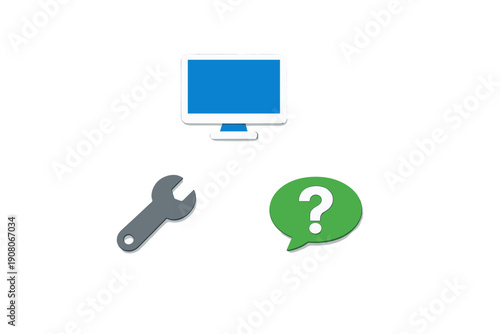 A computer monitor icon is positioned above a grey wrench and a green speech bubble containing a white question mark, all set against a solid black background.